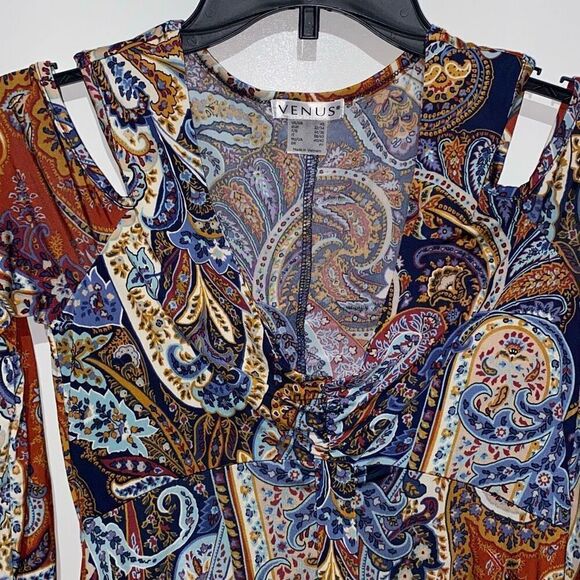 Venus Women's Multicolor Paisley Print Cold Shoulder V-Neck Top Blouse Size XS - Picture 3 of 10